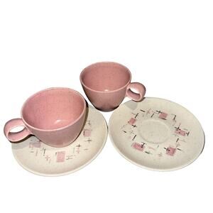 4pc Set Vernon Ware Tickled Pink Tea Coffee Cup Plates Saucers Speckled 50s MCM